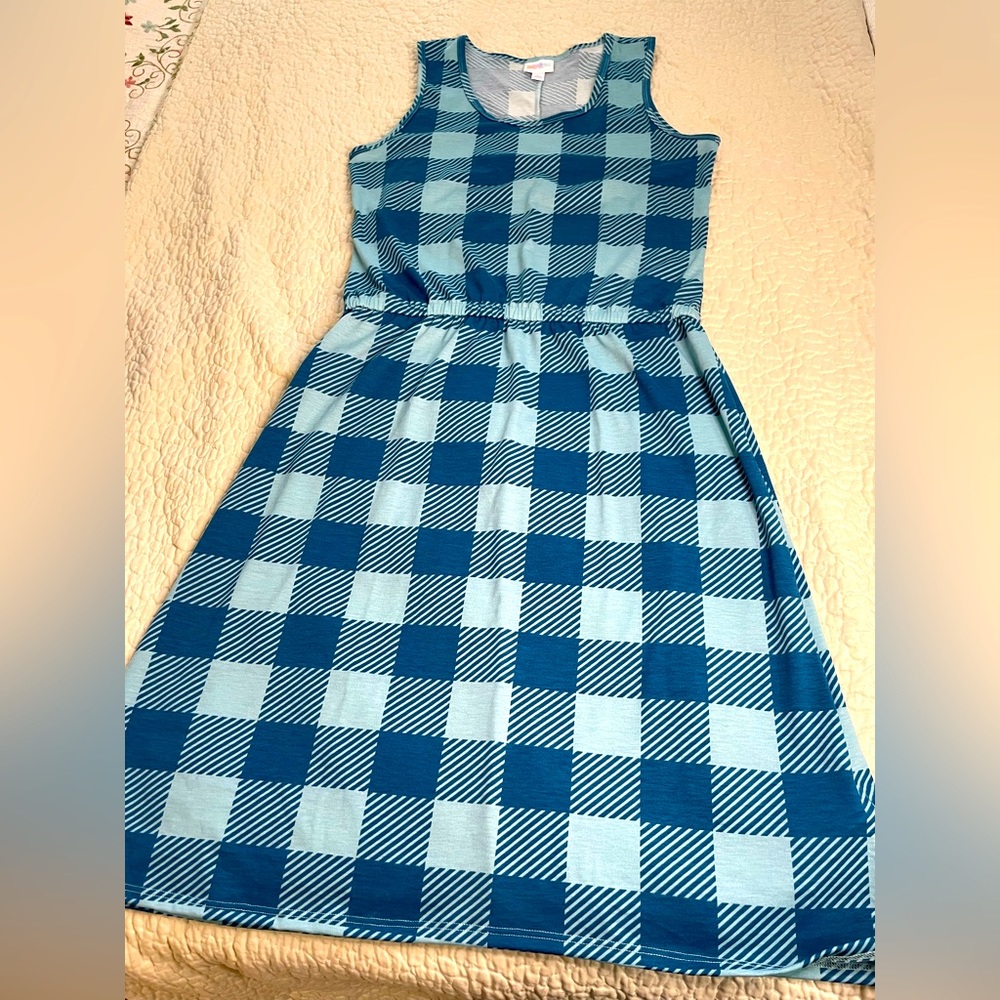 LulaRoe sleeveless dress, elastic waist, blue checked pattern